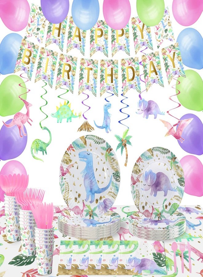 HaPiBiDesign Dinosaur Birthday Party Supplies for Girls - Pink Dinosaur Party Decorations - Balloons Birthday Banner Plates Cups Napkins Tablecloth Tableware (Serves 20) - Image 1